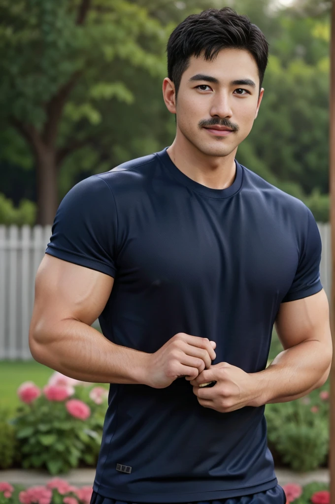 Masterpiece, best quality, high resolution, realistic, handsome, Take beautiful photos, Sayk, NRF, Photo of the 35 year old gym association (The man has a thin mustache.:1.1),Full body, Portrait, standing in the garden , make military media, weight, Amazing , Buzzcut short hair,stubble head , (Hyper Muscle),looking at the audience, Flirt with the camera, charming, (Tight navy blue workout shirt. ),(GS-Male:1), 8K,Bokeh,Portrait,look at the viewer,