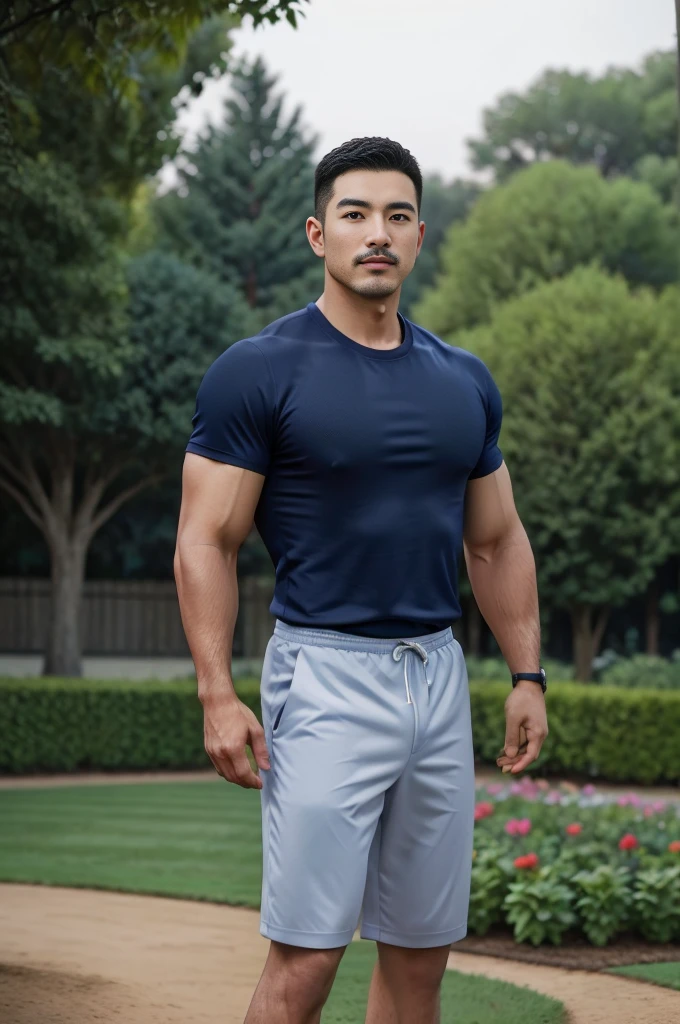 Masterpiece, best quality, high resolution, realistic, handsome, Take beautiful photos, Sayk, NRF, Photo of the 35 year old gym association (The man has a thin mustache.:1.1),Full body, Portrait, standing in the garden , make military media, weight, Amazing , Buzzcut short hair,stubble head , (Hyper Muscle),looking at the audience, Flirt with the camera, charming, (Tight navy blue workout shirt. ),(GS-Male:1), 8K,Bokeh,Portrait,look at the viewer,