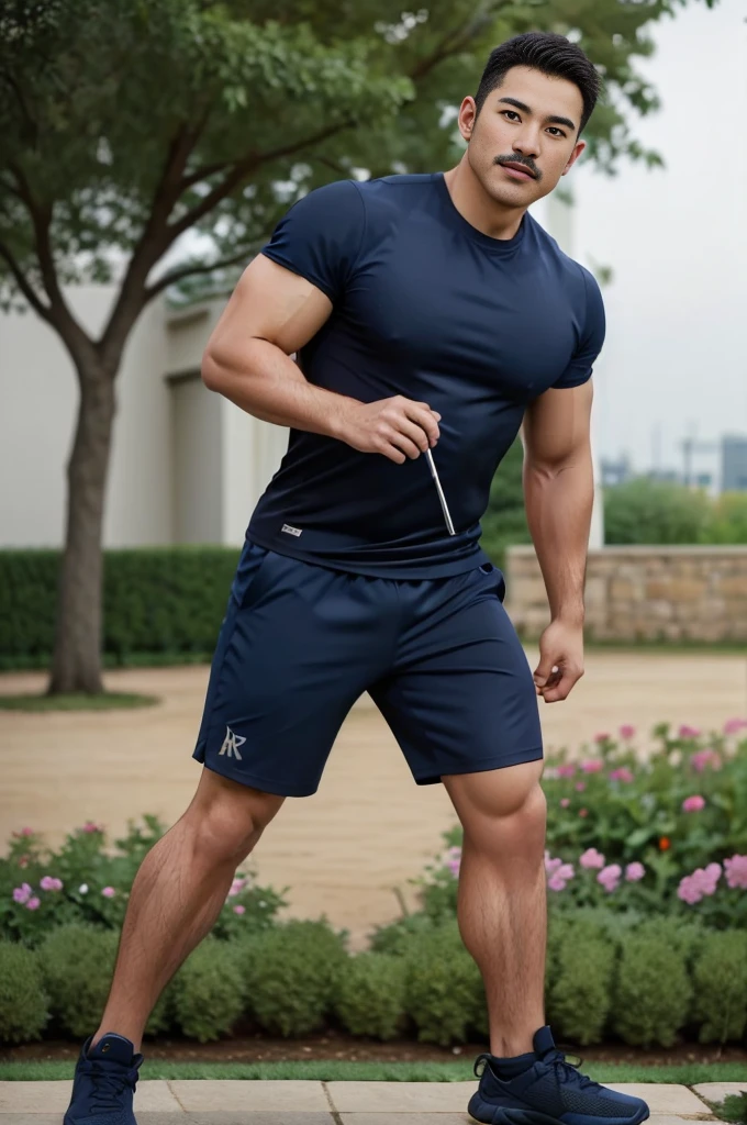 Masterpiece, best quality, high resolution, realistic, handsome, Take beautiful photos, Sayk, NRF, Photo of the 35 year old gym association (The man has a thin mustache.:1.1),Full body, Portrait, standing in the garden , make military media, weight, Amazing , Buzzcut short hair,stubble head , (Hyper Muscle),looking at the audience, Flirt with the camera, charming, (Tight navy blue workout shirt. ),(GS-Male:1), 8K,Bokeh,Portrait,look at the viewer,