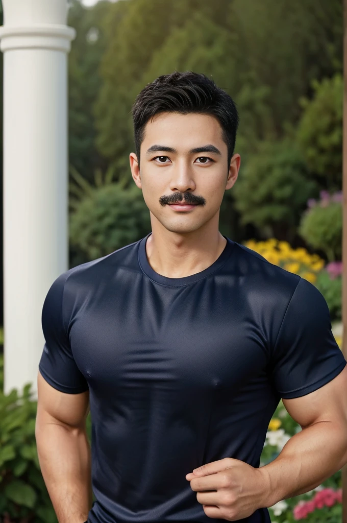 Masterpiece, best quality, high resolution, realistic, handsome, Take beautiful photos, Sayk, NRF, Photo of the 35 year old gym association (The man has a thin mustache.:1.1),Full body, Portrait, standing in the garden , make military media, weight, Amazing , Buzzcut short hair,stubble head , (Hyper Muscle),looking at the audience, Flirt with the camera, charming, (Tight navy blue workout shirt. ),(GS-Male:1), 8K,Bokeh,Portrait,look at the viewer,