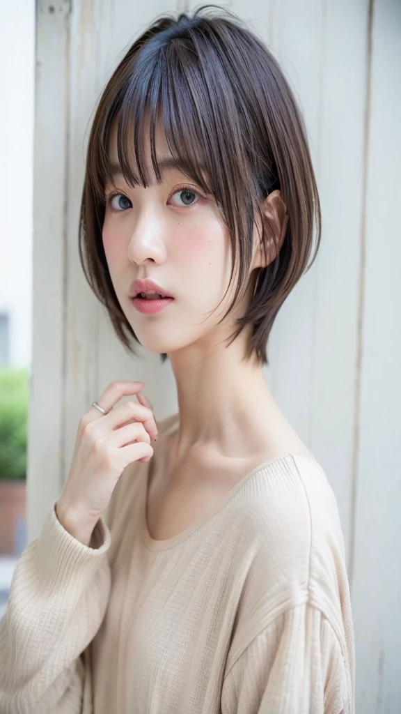 (highest quality、8K、32K、masterpiece、nffsw:1.2)、photo of cute japanese woman、long sleeve dress、very short hair、Photographed in natural light、Upper body、surface focus、simple necklace、Taken in front of the white door、From above、looking at the viewer、mix 4、(8K、Raw photo、highest quality、masterpiece:1.2)、(realistic、Photoreal:1.37)、1 girl、photon mapping、Physically based rendering、Handsome、excellent image quality、High resolution、1080P、(clean face)、(Detailed facial description)、(detailed description of handasseter muscle part)、(Detailed CG)、hair is dirty、masterpiece、rich details、(exquisite features)、(best image quality)、(masterpiece)、(detailed eye)、looking forward to your eyes、delicate clavicle、Versatile poses