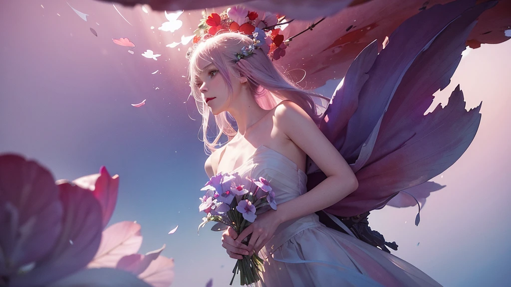One girl,flower, Lisianthus ,Pale pinkと淡い青のスタイル, A dreamy, romantic piece, Pale pink, Mysterious Leaves, A playful arrangement,Fantasy, High Contrast, Ink strokes, explosion, Exposure, Impression of purple and red tones , Abstract, ((Watercolours by John Berkey and Jeremy Mann )) Brush strokes, Negative Space,