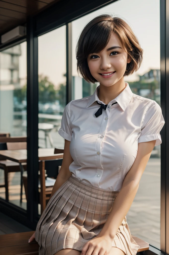 (8k, RAW photo, best quality, masterpiece:1.2), (realistic, photo-realistic:1.37), ultra-detailed,
1 girl,cute, solo,beautiful detailed sky,detailed cafe,night,sitting,dating,(nose blush),(smile:1.1),(closed mouth),large breasts, seductive smile, large aparture, professional lighting, Sony A7R4, Zessie 50mm F1.8,
medium breasts,beautiful detailed eyes,(collared shirt:1.1), bowtie,pleated skirt,(short hair:1.2),floating hair 