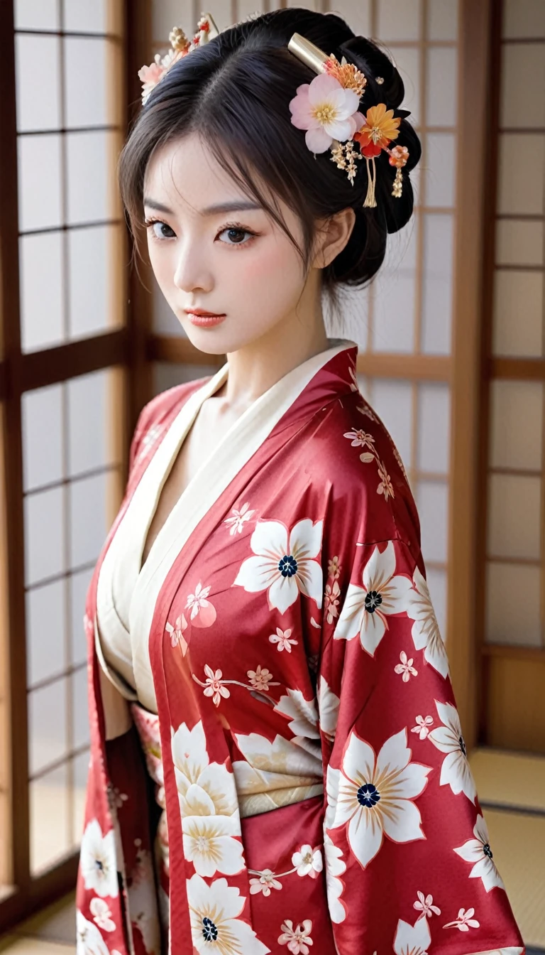 Dressed in a delicate red floral kimono、A hall crowned with melancholy flowers々A beautiful portrait of a beautiful woman、Famous Sa々Reminds me of Kizuki。This breathtaking trending image from CG Society、Showing the utmost realism、It takes the viewer to the Sengoku period.。A woman dressed in traditional attire who was a concubine of a Japanese warlord、Exudes timeless beauty、His gaze is cast thoughtfully downwards。Her outfit vividly expresses the artistic beauty of her kimono in beautiful colors.、They feature the intricate patterns and understated elegance that characterize this period.。This image is a mesmerizing masterpiece.、Worth it