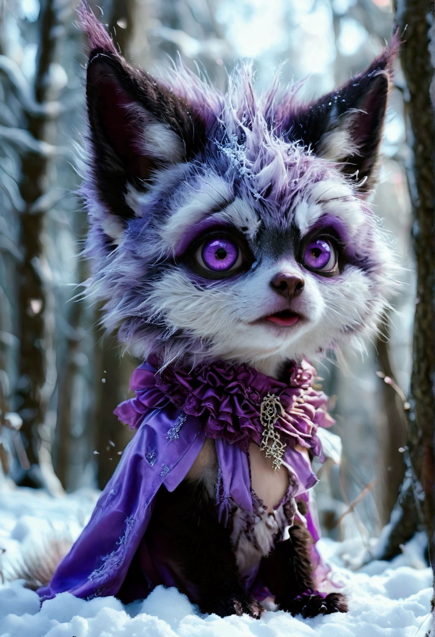 (slit pupils, white eyes, black sclera), digitigrade, [collar], masterpiece, best quality, detailed realistic fur, (purple dress:1.3), fancy pants, (background is a snowy forest), detailed background, tongue out (licking), (low angle shot), detailed face, detailed eyes, detailed fluffy fur, fluffy tail, clothed, clothing. Nude