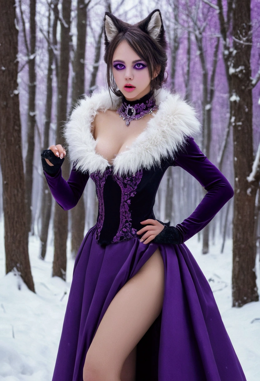 (slit pupils, white eyes, black sclera), digitigrade, [collar], masterpiece, best quality, detailed realistic fur, (purple dress:1.3), fancy pants, (background is a snowy forest), detailed background, tongue out (licking), (low angle shot), detailed face, detailed eyes, detailed fluffy fur, fluffy tail, clothed, clothing. Nude