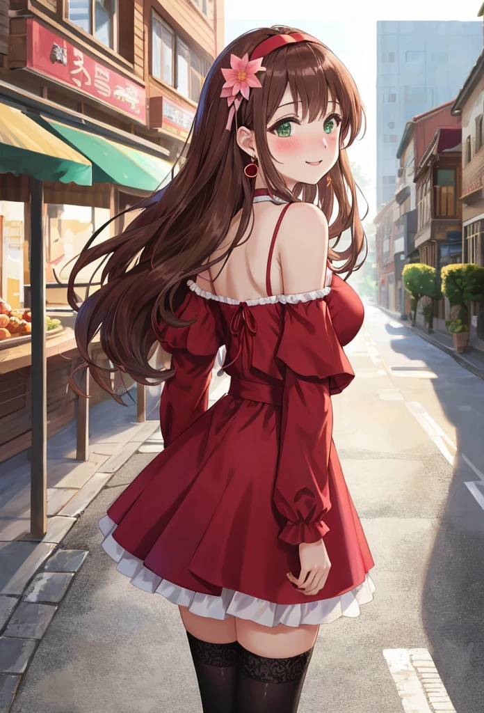 1 beautiful girl in a red dress walking down a street, anime girl, outdoor, street, walk, elegant walking, from her back to the viewer, looking everywhere, from behind, view from the back, head tilt, solo, red dress, long sleeves, dark brown hair, bangs, long hair, wavy hair, expressive hair, shiny hair, jewelry, aqua eyes, pupils sparkling, earrings, nervous smile, headband, pink flower in hair, green eyes, a bright face, light smile, parted lips, nose blush, blush, lovely big round breasts, striped thighhighs, high detail, anime, dithering, pov, perspective, atmospheric perspective, panorama, Wide-Angle, f/1.8, 85mm, Sony FE GM, 8k, super detail, UHD, retina, masterpiece, accurate, anatomically correct, best quality, highres