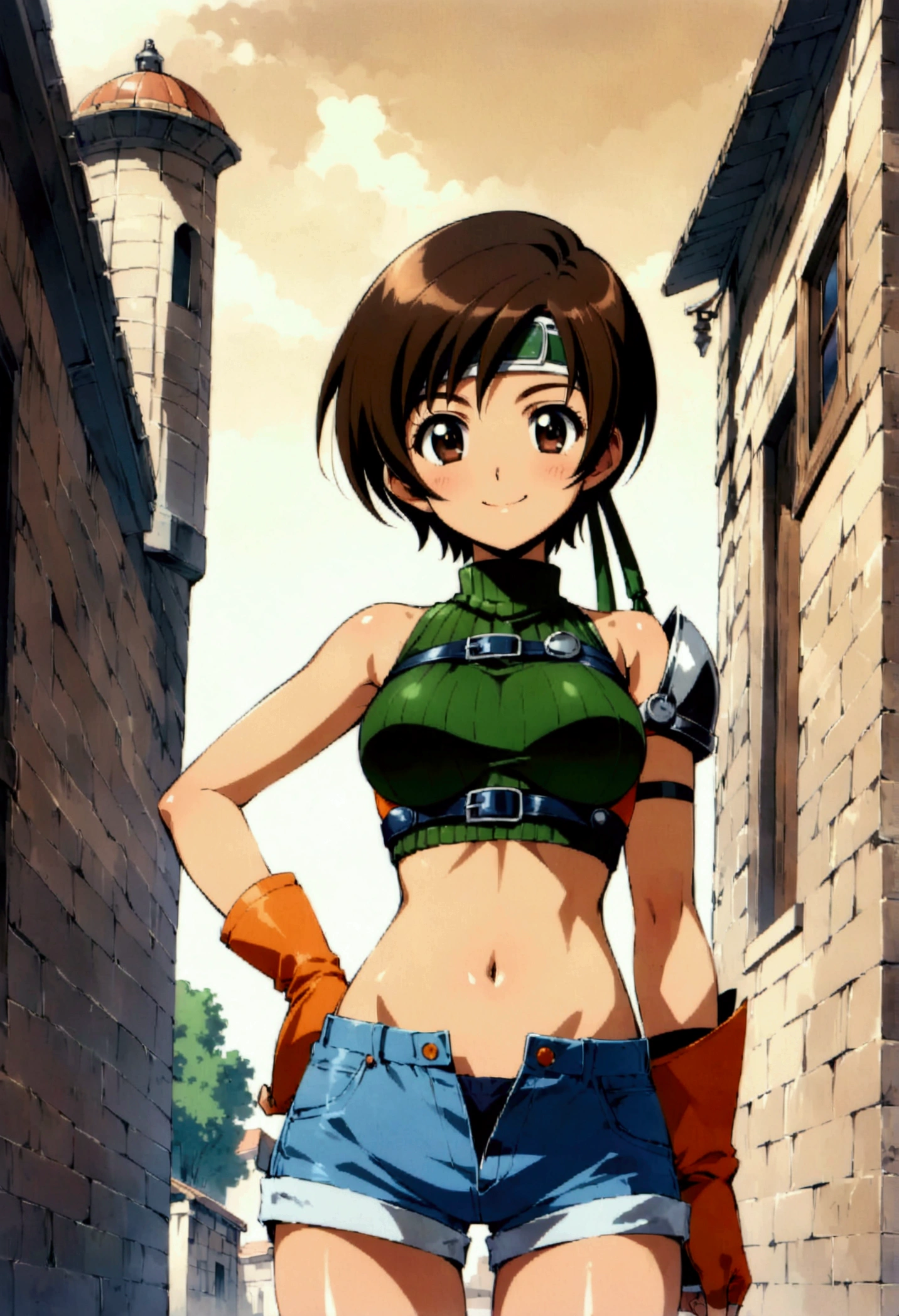 score_9, score_8_up, score_7_up,,BREAK , ,from front,front view,below angle,,standing,contrapost,upperbody ,,straight-on,Solo,1girl, yuffie kisaragi, final fantasy,,short hair,headband,navel,sleeveless,turtleneck,brown eyes,sleeveless turtleneck,solo,breasts,looking at viewer,smile,gloves,crop top,brown hair,shorts,midriff,,sweater,open fly,fingerless gloves,ribbed sweater,medium breasts,,beautiful waist ,,light smile,,hand on own hip,daytime,outdoor,ultra detailed,best quality,aesthetic,very aesthetic,(1990s_(style))