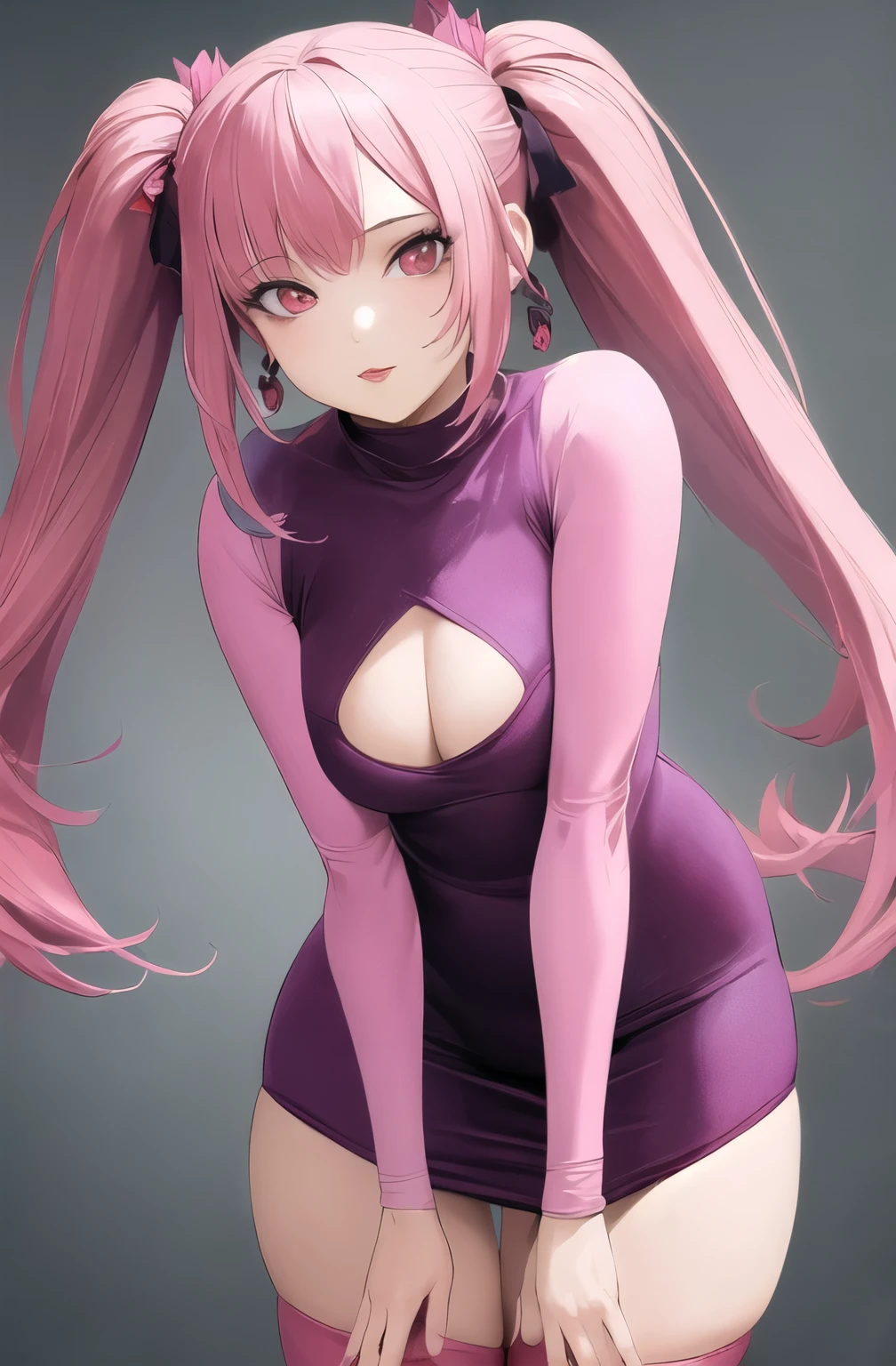 ((masterpiece)), (best quality), (detailed), 1girl,
looking at viewer,  (lipstick:0.75), leaning forward,
long pink hair, twintails,
colorful thighighs,
winter, vivid colors,
 