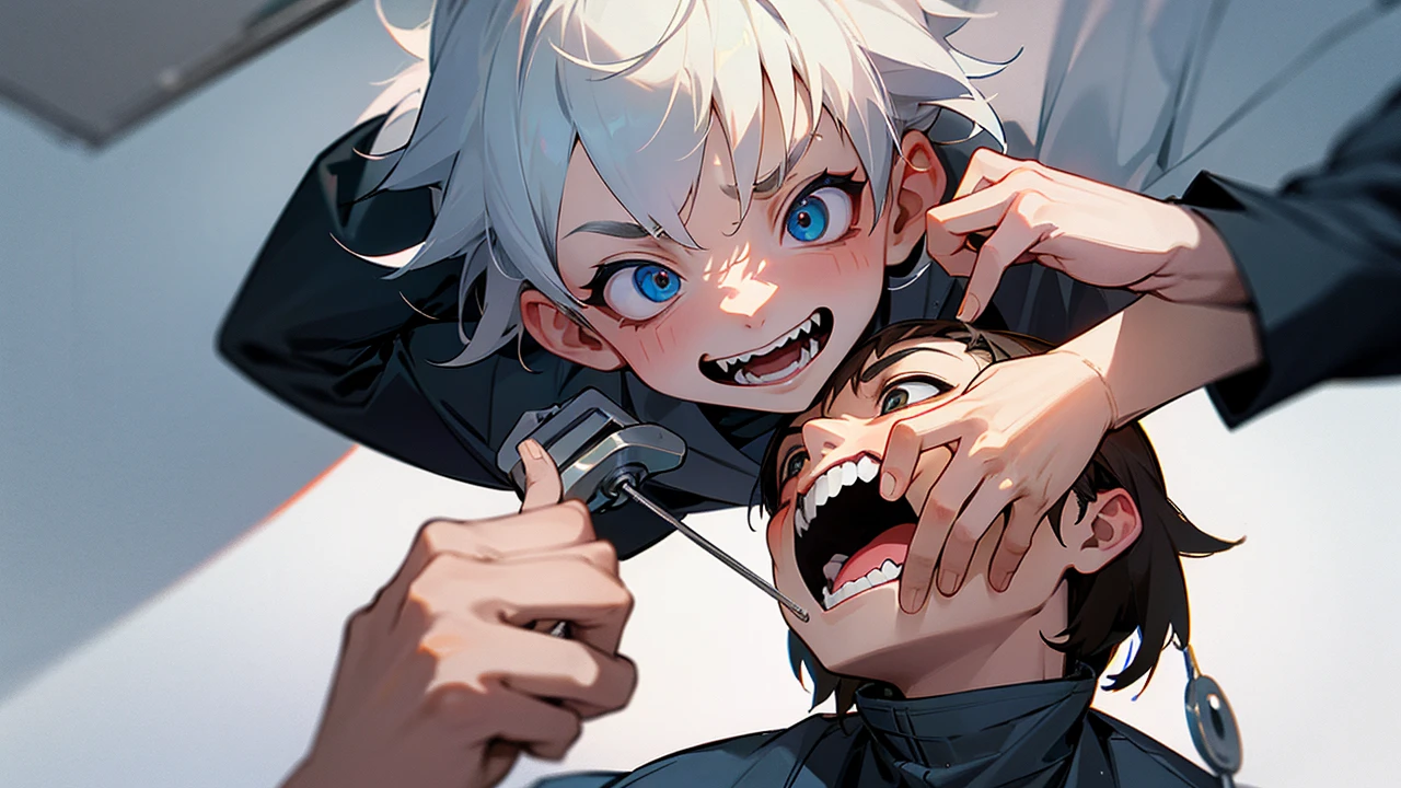 Scared little boy is having his teeth cleaned by the dentist
