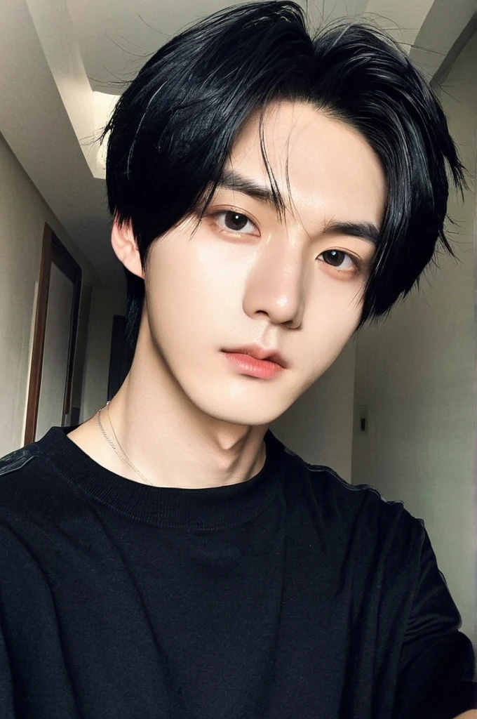 One boy, Young man with black hair  (Mash Straight Hair),Male K-Pop Idols, Levi Ackerman, Medium portrait,chop, Beautiful Model, Oval Face, Vivid,Selfie,(In a dark room),The whole body is shown