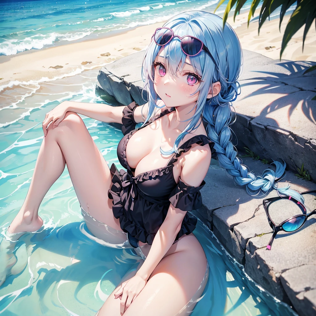 (Sky blue medium hair),(Braided hair tied together)、Pink eyes、Fair skin、(whole body)、(One Girl)、Black frilly swimsuit、Stylish sunglasses、Shining white sand beach in midsummer、Okinawa's ocean、A big smile、、(masterpiece、Highest quality、Very detailed、Best Shadow)、(Detailed Background)、(Beautifully detailed face)、High contrast、(Best lighting、Very delicate and beautiful)、((Cinematic Light))、colorful、Hyper Detail、Dramatic Light、Exquisite detail、Standing with your legs apart