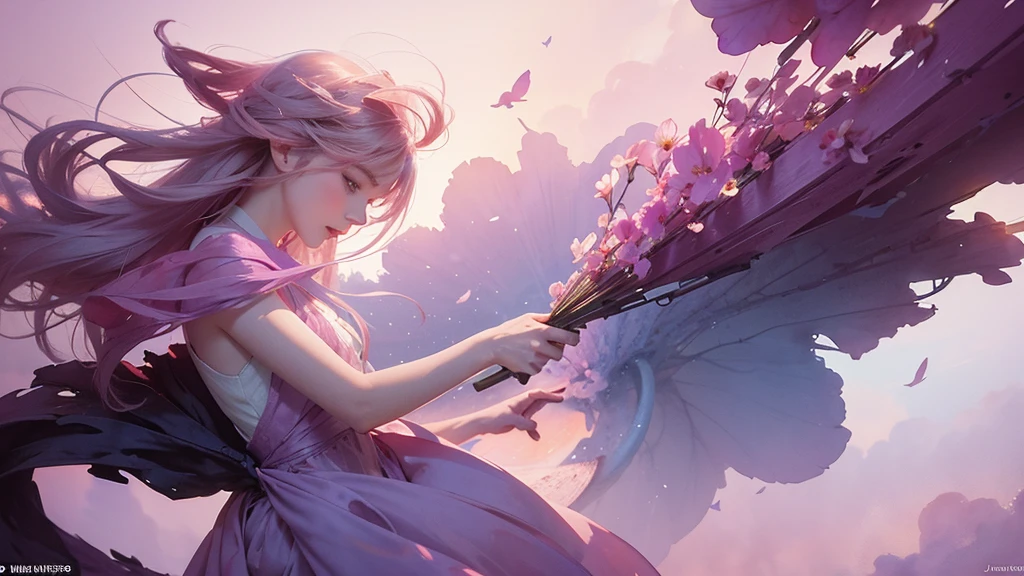 One girl,flower, Lisianthus ,Pale pinkと淡い青のスタイル, A dreamy, romantic piece, Pale pink, Mysterious Leaves, A playful arrangement,Fantasy, High Contrast, Ink strokes, explosion, Exposure, Impression of purple and red tones , Abstract, ((Watercolours by John Berkey and Jeremy Mann )) Brush strokes, Negative Space,