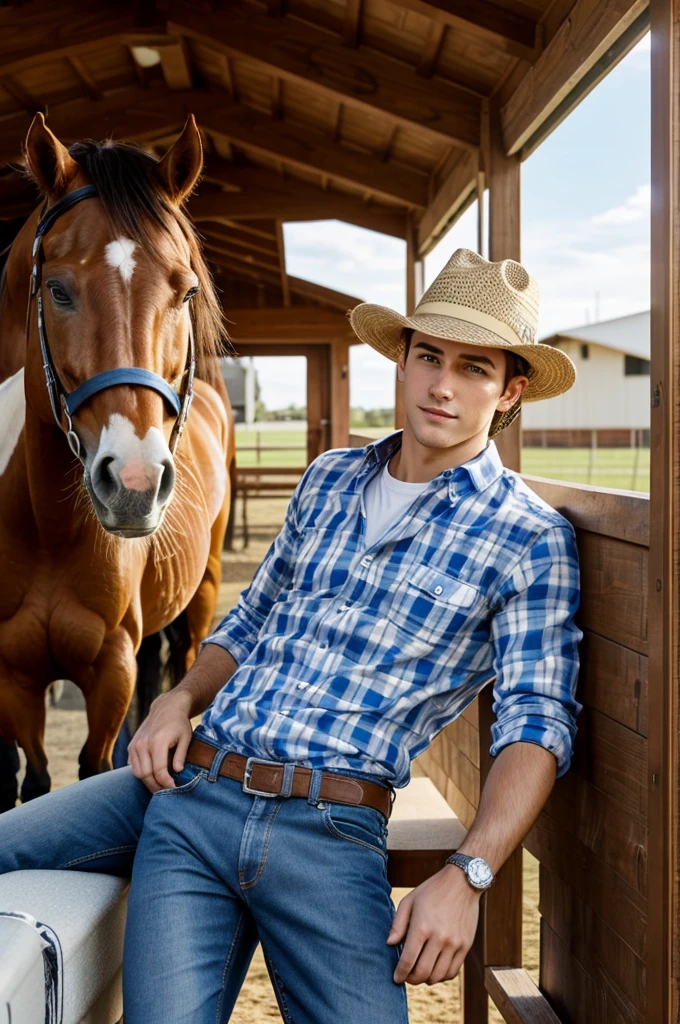 Handsome young man in his checkered shirt, blue jeans and white hat, relaxing leaning on a modern van, watching his horses in his corral. With the modern house and a clear sunny sky in the background