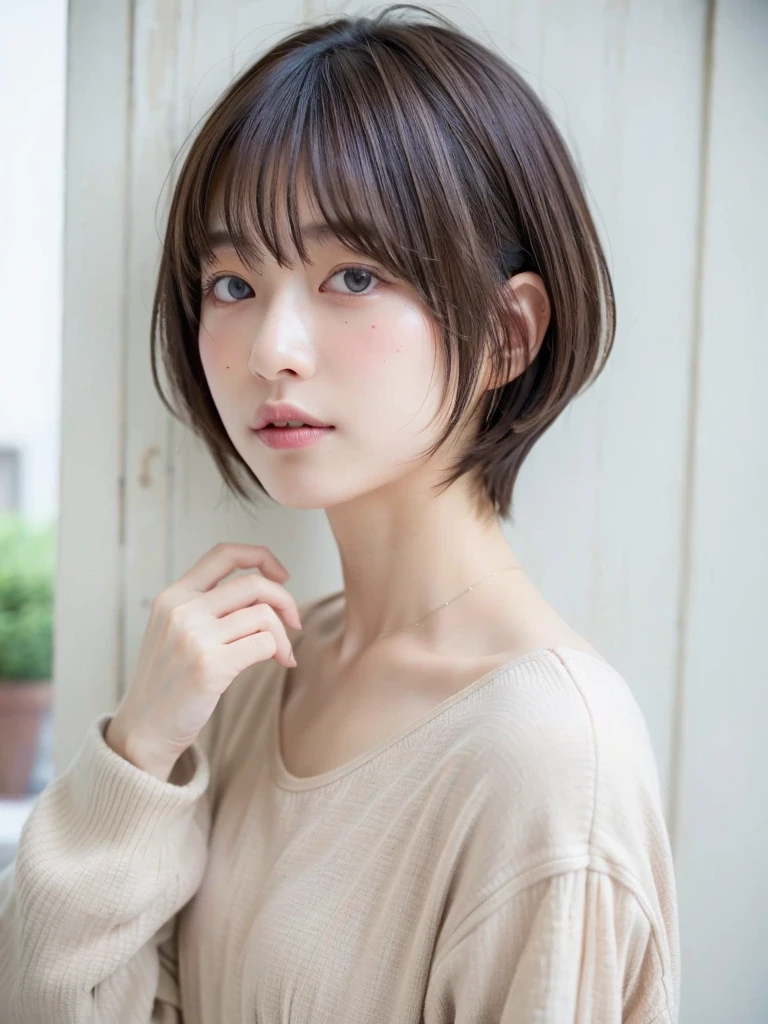 (highest quality、8K、32K、masterpiece、nffsw:1.2)、photo of cute japanese woman、long sleeve dress、very short hair、Photographed in natural light、Upper body、surface focus、simple necklace、Taken in front of the white door、From above、looking at the viewer、mix 4、(8K、Raw photo、highest quality、masterpiece:1.2)、(realistic、Photoreal:1.37)、1 girl、photon mapping、Physically based rendering、Handsome、excellent image quality、High resolution、1080P、(clean face)、(Detailed facial description)、(detailed description of handasseter muscle part)、(Detailed CG)、hair is dirty、masterpiece、rich details、(exquisite features)、(best image quality)、(masterpiece)、(detailed eye)、looking forward to your eyes、delicate clavicle、Versatile poses