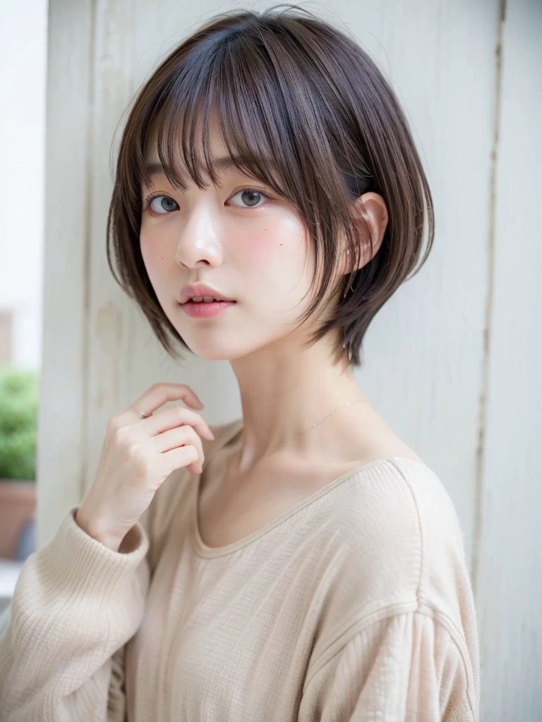 (highest quality、8K、32K、masterpiece、nffsw:1.2)、photo of cute japanese woman、long sleeve dress、very short hair、Photographed in natural light、Upper body、surface focus、simple necklace、Taken in front of the white door、From above、looking at the viewer、mix 4、(8K、Raw photo、highest quality、masterpiece:1.2)、(realistic、Photoreal:1.37)、1 girl、photon mapping、Physically based rendering、Handsome、excellent image quality、High resolution、1080P、(clean face)、(Detailed facial description)、(detailed description of handasseter muscle part)、(Detailed CG)、hair is dirty、masterpiece、rich details、(exquisite features)、(best image quality)、(masterpiece)、(detailed eye)、looking forward to your eyes、delicate clavicle、Versatile poses