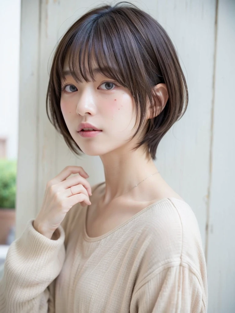 (highest quality、8K、32K、masterpiece、nffsw:1.2)、photo of cute japanese woman、long sleeve dress、very short hair、Photographed in natural light、Upper body、surface focus、simple necklace、Taken in front of the white door、From above、looking at the viewer、mix 4、(8K、Raw photo、highest quality、masterpiece:1.2)、(realistic、Photoreal:1.37)、1 girl、photon mapping、Physically based rendering、Handsome、excellent image quality、High resolution、1080P、(clean face)、(Detailed facial description)、(detailed description of handasseter muscle part)、(Detailed CG)、hair is dirty、masterpiece、rich details、(exquisite features)、(best image quality)、(masterpiece)、(detailed eye)、looking forward to your eyes、delicate clavicle、Versatile poses