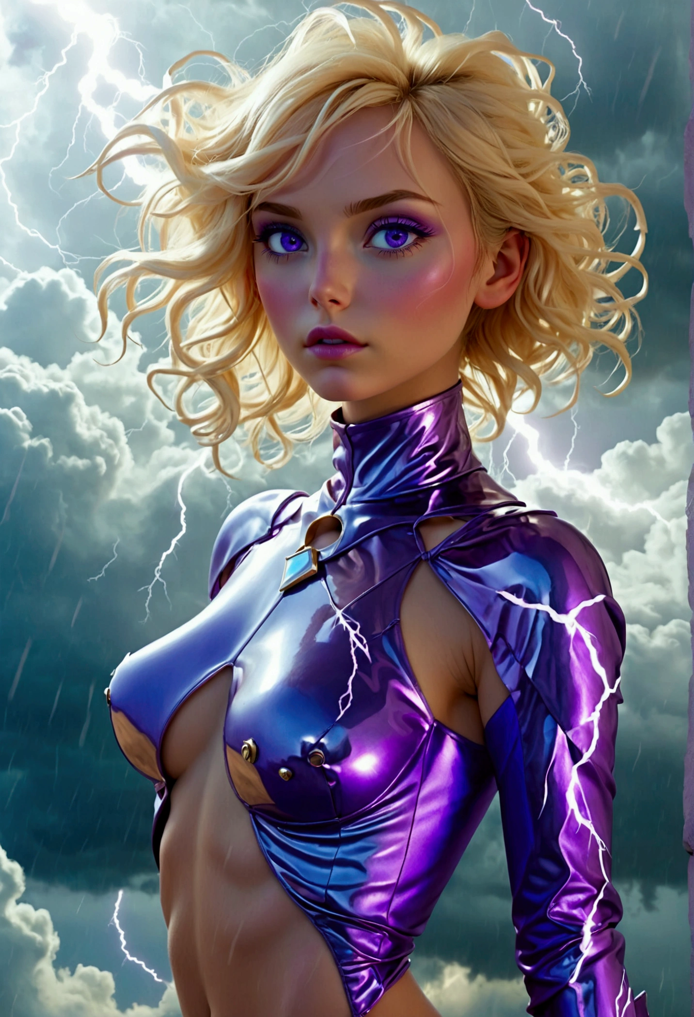 A cute woman (nude, age 25, violet eyes, violet metallic sleeves, violet metallic thigh high boots) is a lightning goddess floating in the storm clouds, held in the air by arcs of lightning, she her entire body, show her from head to toe, show all of her
