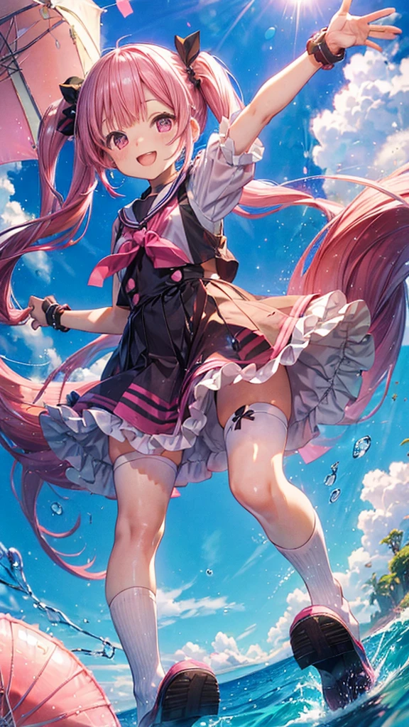 ((Mirimnava))、(A bright smile)、 (Pink Hair)Twin tails、(Cute Summer Clothes)(Black spats)