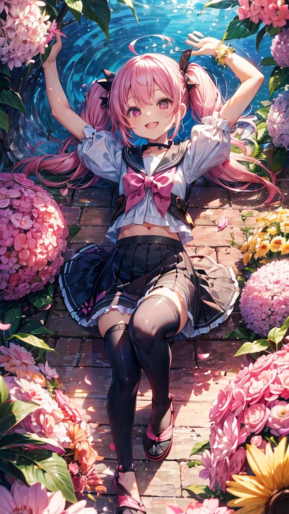 ((Mirimnava))、(A bright smile)、 (Pink Hair)Twin tails、(Cute Summer Clothes)(Black spats)