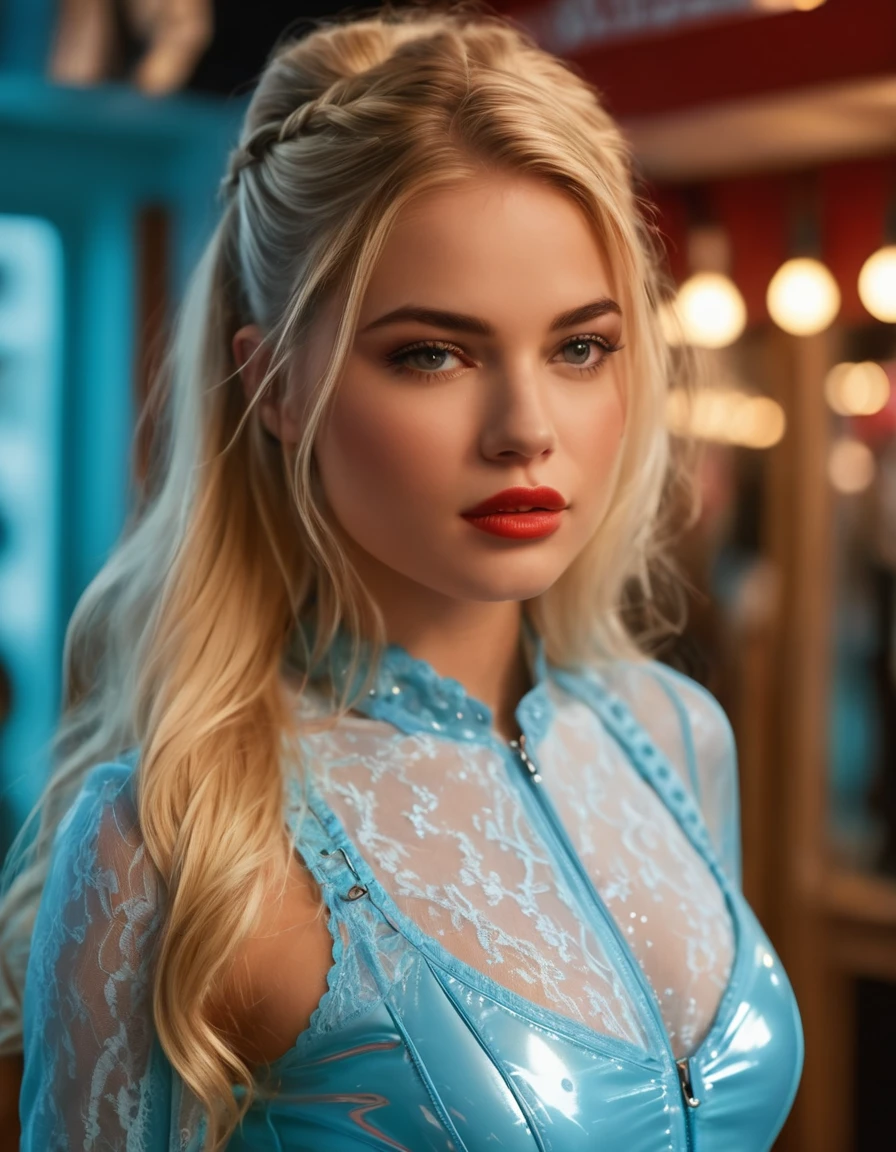 In this captivating scene, a vivacious girl with blonde hair stands in the middle of a biker clothing shop. Dressed in a light blue bodysuit with luxurious lace, her eyes sparkling in the light of the shop's illumination, her lips painted a deep red, she radiates an irresistible charm and sensuality. Captured in stunning 8K resolution, every nuance, from the strands of her hair to the lines of her face, can be appreciated. Inspired by Russ Meyer's iconic films, the scene combines retro and modern elements, with a gradation of colours that accentuates emotion and sensuality. The soft lighting bathes her face in a warm glow, adding depth and dimension to the image. This (Hyperrealistic:1.5) (Masterpiece:1.5) promises a breathtaking visual experience, combining the finest materials and techniques to ignite the senses., blonde hair, braided ponytail, hair over shoulder, long hair, mole under eye, eye reflection, sparkling eyes, nervous smile, Hyperrealism, vignetting, UHD, masterpiece, anatomically correct, super detail
