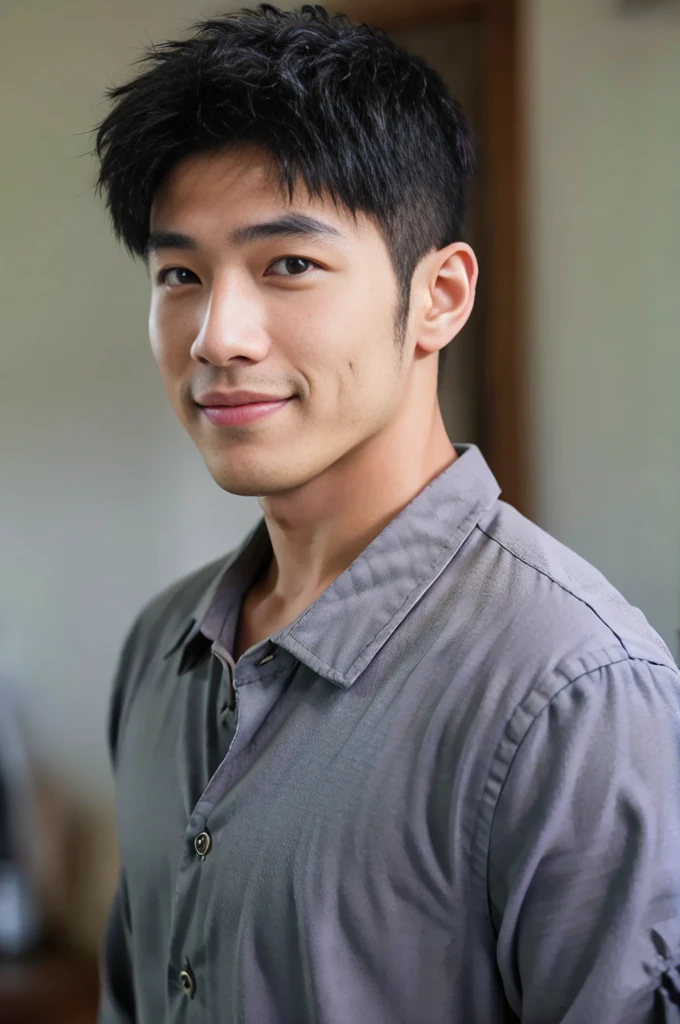 ((Highest quality, 8K, Masterpiece: 1.3))、Thailand Laos Burma Asia, Thai man, A handsome Asian rugby player with short hair, a muscular beard, and big muscles., １A man who has、 yo、Good appearance、Beautiful nose、smile、 Detailed eyes and face、beautiful light、(studio)、high resolution、（Look at the viewer.）、Fine mouth、smile、whole body: 1.5, perfect shape: 1.3, looking at camera ,Gray button-down shirt, ((bedroom)), sunlight looking at the field