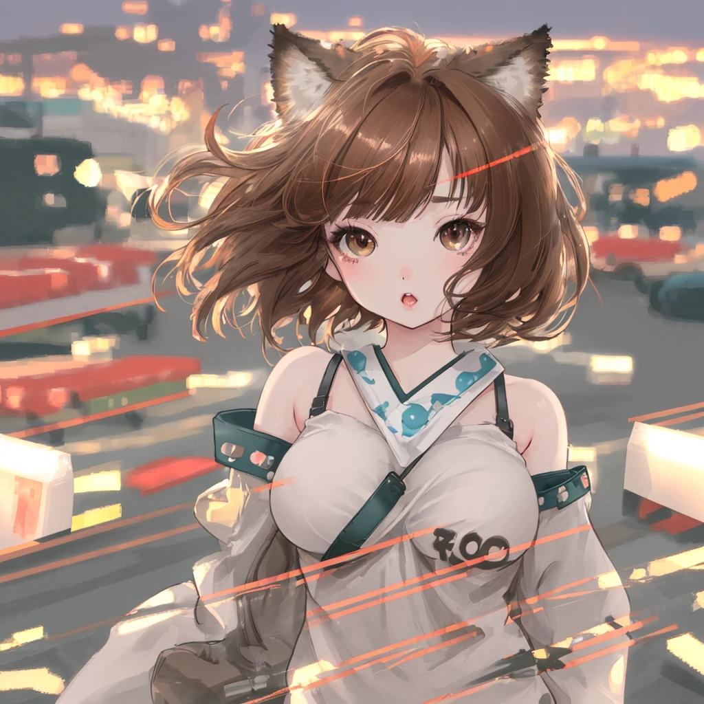 Cat ear、short hair、Outdoor、Fair-skinned, messy hair, open-mouthed Japanese woman, So cute, Soft and Face, Brown Hair、tail、 8K resolution, Ultra-realistic, Super Definition, Soft body toned, C cup small ((Highest quality, 8K, masterpiece: 1.3)), Super Definition Face, Super Definition Lips, Beautiful Eyes, double eyelid