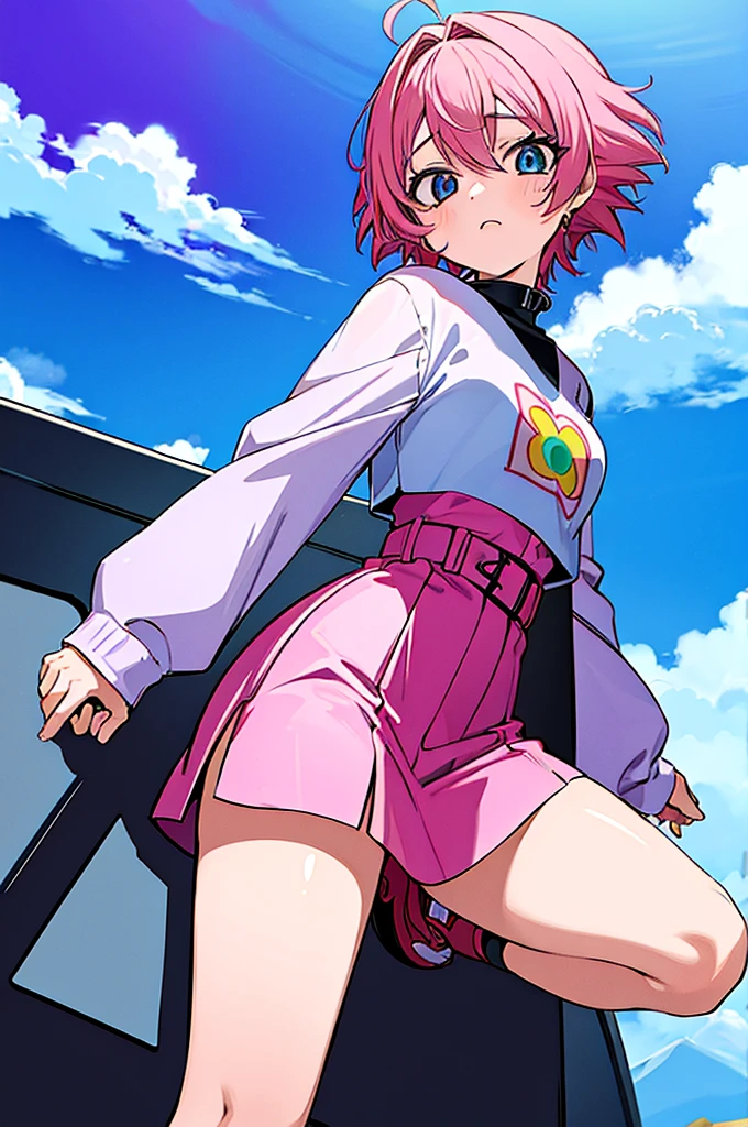  girl Anime Shonen Style Design,retro clothes, bizarre creative design, short bright pink hair, blue sky eyes,  shonen style outfit