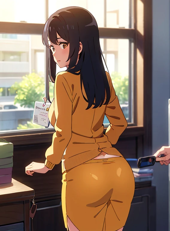 Shinkai Makoto, Kimi No Na Wa., 1 girl, bangs, black hair, brown eyes, Half turned up, Red Ribbon, Long hair, long-sleeved light yellow cardigan, offenes hemd, yellow shirt, Decollete, breast, medium breast, orange shirt, name tag written "LUMINE Miyamizu", look at the viewer, indoors, Jewelry Products, Jewelry store, Jewelry saleswoman, indoors, mall, masterpiece, perfect anatomy, Subscribe to, ass pov (ass pov: Hände eines Jungen halten die breast eines Mädchens, ass pov)