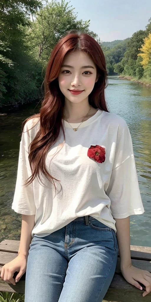 digital art, (girl, red_hair, flowers, baggy jeans, white shirt, discreet smile, cute look), (sitting on a bench, river in the background, golden hour),, by Daniil Suponitskiy jpegman