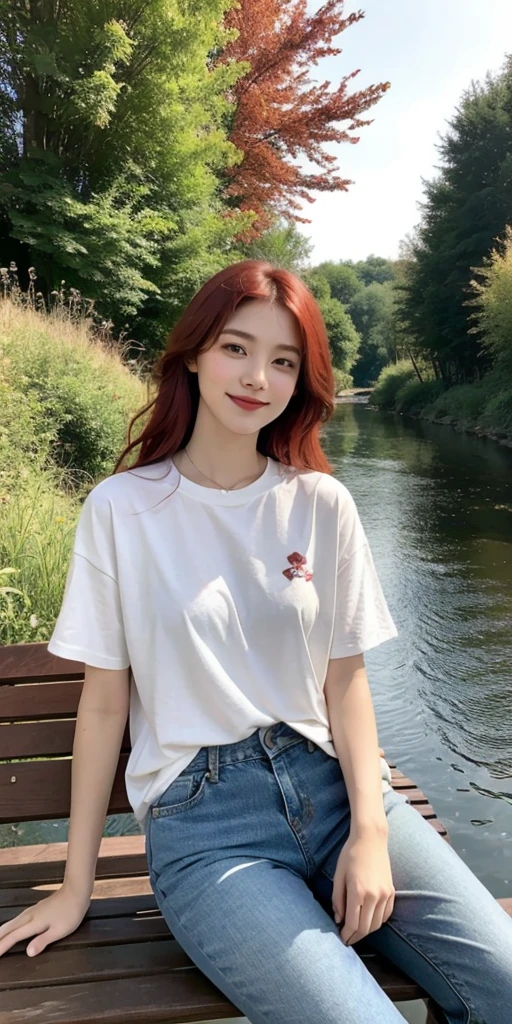 digital art, (girl, red_hair, flowers, baggy jeans, white shirt, discreet smile, cute look), (sitting on a bench, river in the background, golden hour),, by Daniil Suponitskiy jpegman