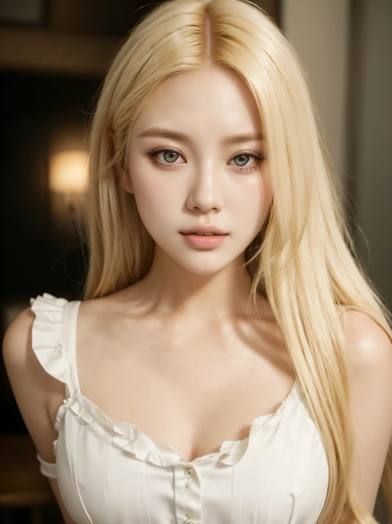 a close-up of a woman with long blonde hair and a white blouse, beautiful south mulher korean, korean, gorgeous young mulher korean, beautiful young mulher korean, long blonde hair and big eyes, beautiful asian girl, parque roseanne de blackpink, Beautiful blonde girl, mulher korean, long blonde hair and big eyes, very light blonde hair, A girl with blonde hair