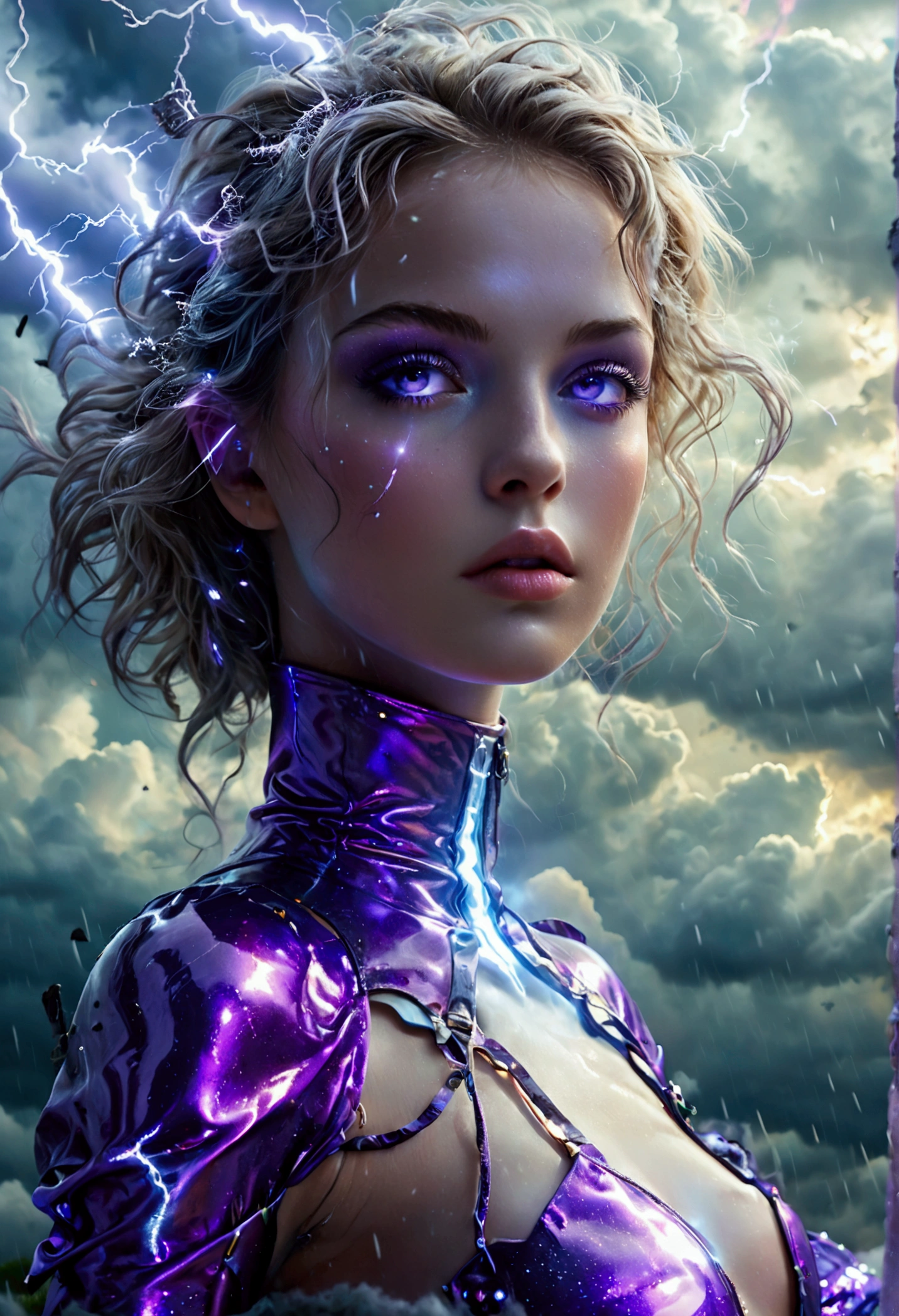 A cute woman (nude, age 25, violet eyes, violet metallic sleeves, violet metallic thigh high boots) is a lightning goddess floating in the storm clouds, held in the air by arcs of lightning, she her entire body, show her from head to toe, show all of her
