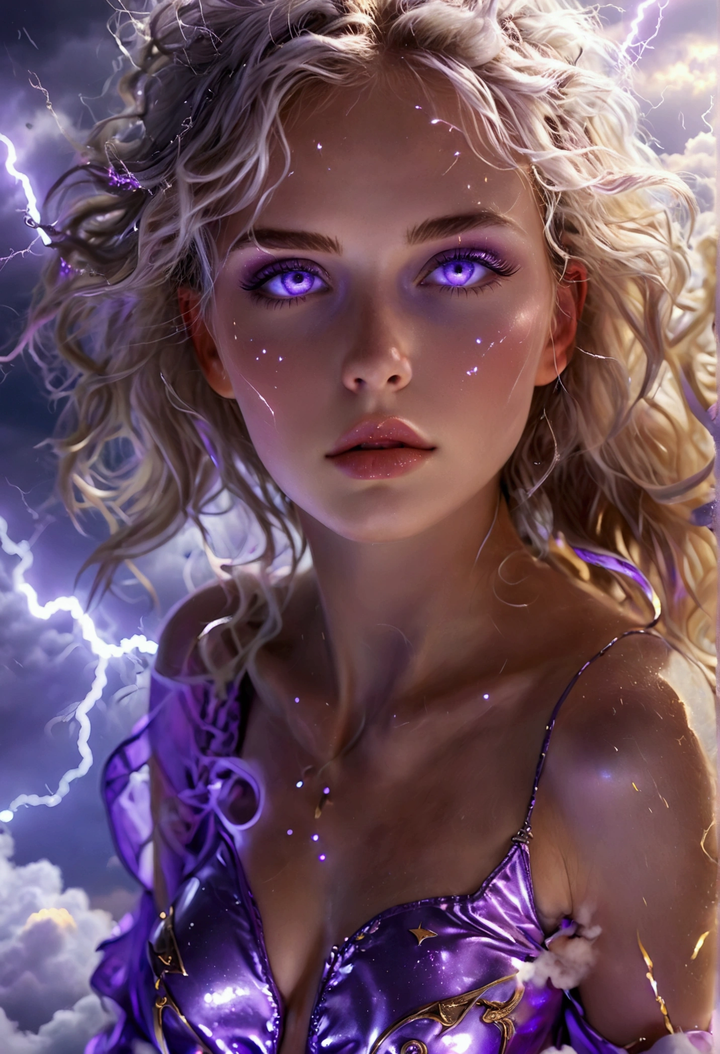 A cute woman (nude, age 25, violet eyes, violet metallic sleeves, violet metallic thigh high boots) is a lightning goddess floating in the storm clouds, held in the air by arcs of lightning, she her entire body, show her from head to toe, show all of her
