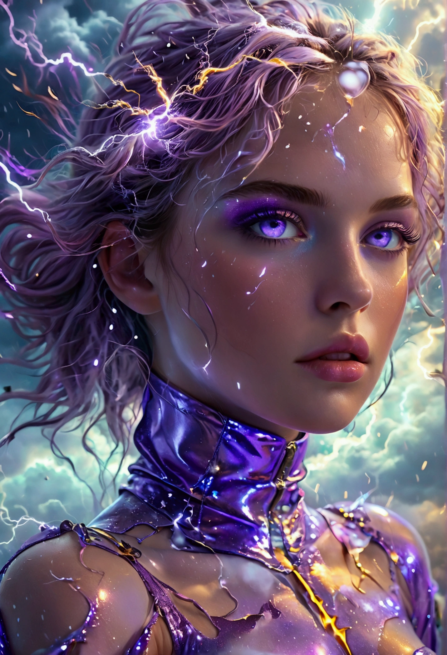 A cute woman (nude, age 25, violet eyes, violet metallic sleeves, violet metallic thigh high boots) is a lightning goddess floating in the storm clouds, held in the air by arcs of lightning, she her entire body, show her from head to toe, show all of her
