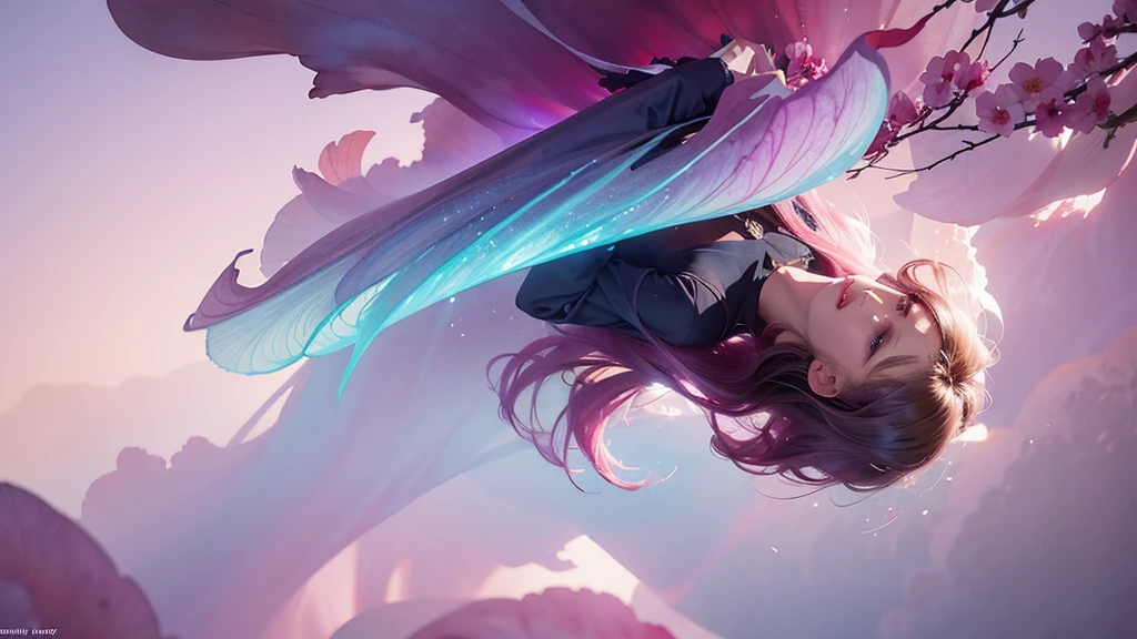 One girl,flower, Lisianthus ,Pale pinkと淡い青のスタイル, A dreamy, romantic piece, Pale pink, Mysterious Leaves, A playful arrangement,Fantasy, High Contrast, Ink strokes, explosion, Exposure, Impression of purple and red tones , Abstract, ((Watercolours by John Berkey and Jeremy Mann )) Brush strokes, Negative Space,