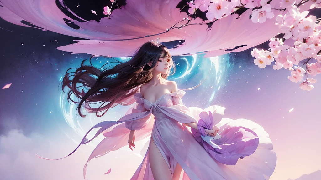 One girl,flower, Lisianthus ,Pale pinkと淡い青のスタイル, A dreamy, romantic piece, Pale pink, Mysterious Leaves, A playful arrangement,Fantasy, High Contrast, Ink strokes, explosion, Exposure, Impression of purple and red tones , Abstract, ((Watercolours by John Berkey and Jeremy Mann )) Brush strokes, Negative Space,