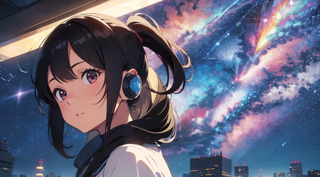 A woman in her early twenties, cute, pretty, kind, listening to music with both eyes closed, a girl listening to music with headphones on, music is playing, hands on headphones, the woman's background is a starry sky in the upper half and a city in the lower half, the woman is looking up at the starry sky, many shooting stars are falling in the starry sky