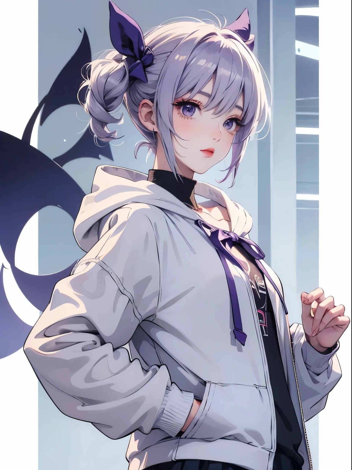 Anime Girl, White short hair, Purple Eyes, hoodie, personal, ribbon, vtuber, Street style