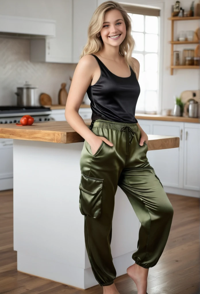 (best quality, 4k, 8k, high resolution, masterpiece: 1.2), ultra-detailed, full body, (realistic, photorealistic, photorealistic: 1.37), hyperrealistic art, detailed background, a 15 year old girl , beautiful fair skin with European features, long blonde hair, big ass, wearing black silk shorts, wearing black silk tank top, in the kitchen, with her back to the viewer, looking over her shoulder at the viewer, leaning against the kitchen table, looking at the viewer, smiling at the viewer.(a woman wearing loungewear and Cargo Satin pants: Pants with multiple pockets, often inspired by military wear.),
