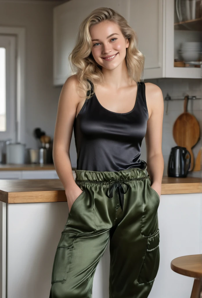 (best quality, 4k, 8k, high resolution, masterpiece: 1.2), ultra-detailed, full body, (realistic, photorealistic, photorealistic: 1.37), hyperrealistic art, detailed background, a 15 year old girl , beautiful fair skin with European features, long blonde hair, big ass, wearing black silk shorts, wearing black silk tank top, in the kitchen, with her back to the viewer, looking over her shoulder at the viewer, leaning against the kitchen table, looking at the viewer, smiling at the viewer.(a woman wearing loungewear and Cargo Satin pants: Pants with multiple pockets, often inspired by military wear.),