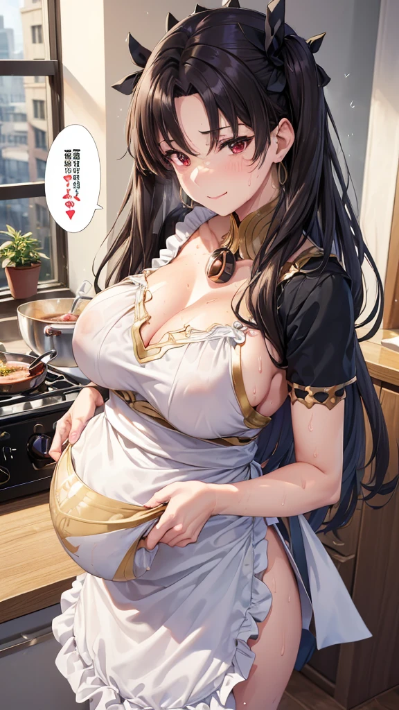 ( Woman:1.5), (mother:1.5), Ishtar, Fate Grand Order, (absurderes, 8K, 4K, masutepiece, hyper extreme detailed:1.2), Best Quality, Perfect Anatomy,Perfect face,Facing forward,High humidity, (alone:1.2), (Sweaty:1.3), shortness of breath, High humidity, humid, (Black Hair:1.1), Red eyes, Looking into the camera, (Very large breast Light clothing, apron, (kitchen;1.1), (Having a conversation:1.5), (Speech bubble:1.2), A kind smile, relief, peace of mind, mother性, Cooking, have a ladle, pot, pot-au-feu