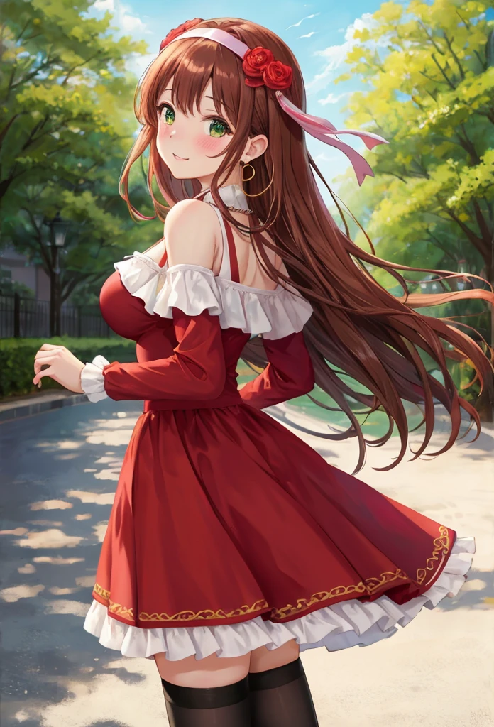 1 beautiful girl in a red dress walking down a street, anime girl, outdoor, street, walk, elegant walking, from her back to the viewer, looking everywhere, from behind, view from the back, head tilt, solo, red dress, long sleeves, dark brown hair, bangs, long hair, wavy hair, expressive hair, shiny hair, jewelry, aqua eyes, pupils sparkling, earrings, nervous smile, headband, pink flower in hair, green eyes, a bright face,  light smile, parted lips, nose blush, blush, lovely big round breasts, striped thighhighs, high detail, anime, dithering, pov, perspective, atmospheric perspective, panorama, Wide-Angle, f/1.8, 85mm, Sony FE GM, 8k, super detail, UHD, retina, masterpiece, accurate, anatomically correct, best quality, highres