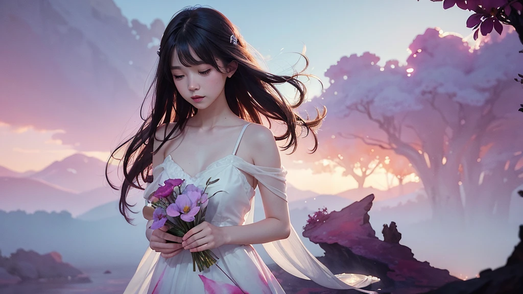 One girl,flower, Lisianthus ,Pale pinkと淡い青のスタイル, A dreamy, romantic piece, Pale pink, Mysterious Leaves, A playful arrangement,Fantasy, High Contrast, Ink strokes, explosion, Exposure, Impression of purple and red tones , Abstract, ((Watercolours by John Berkey and Jeremy Mann )) Brush strokes, Negative Space,