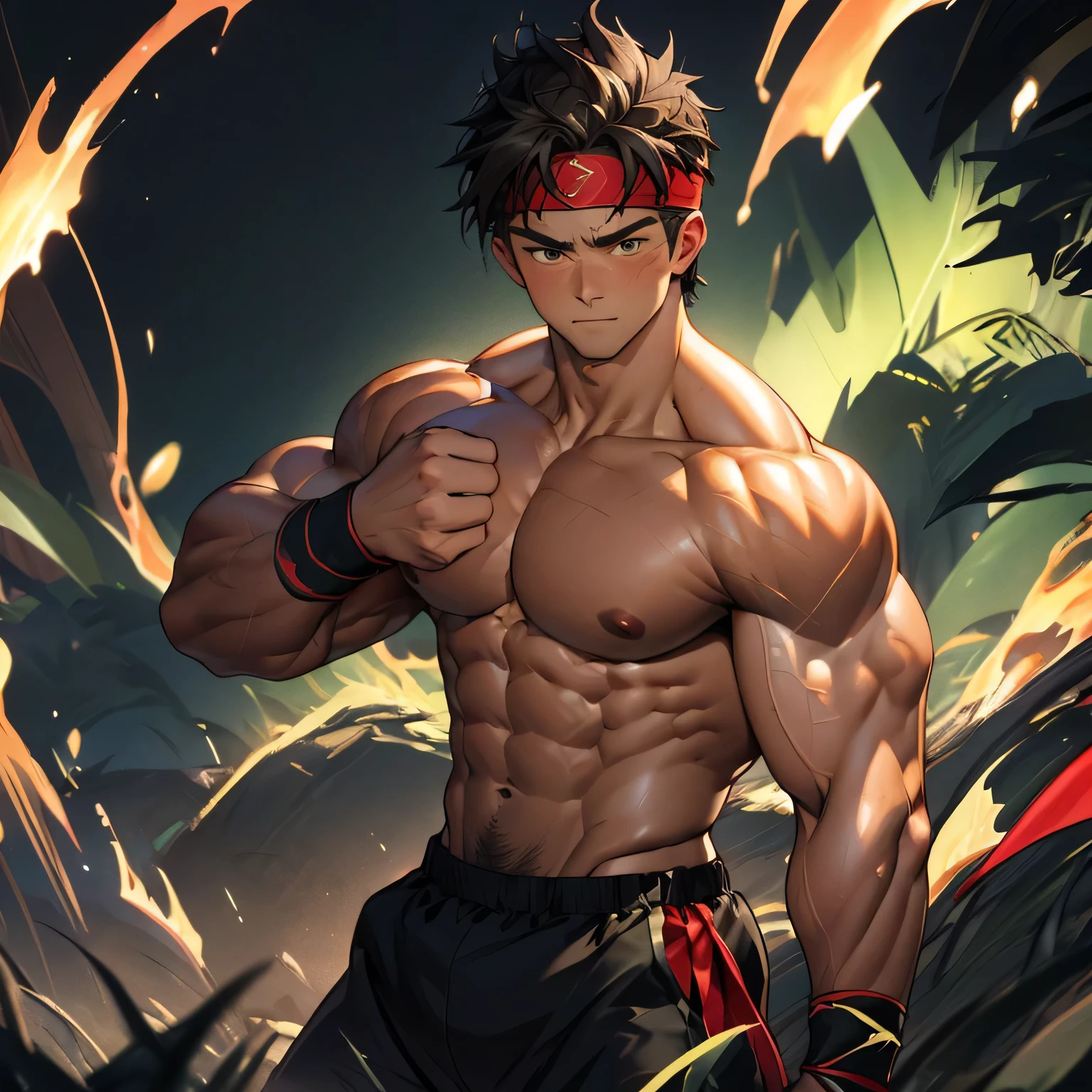 (Masterpiece, Best quality 17 year old boy, black background), solo, Young, boy, muscler, Shirtless, topless, ((((surrounded by swirling holy aura)))), (Dark Short straight hair, ((almost completely shaved hair)), under cut, brown eyes), (red headband, ((black wristband))), Vivid colors, ((hot Abs:1.2, abs!, big abs, big breast:1.2, chest!, muscler upper arms, clenched fist)), muscler!, muscler body, Man with martial arts stance, detailed face, detailed muscle, (((random fighting pose, powerful, action, rippling muscles, green aura around body, concentrate, deep night, male focus)))