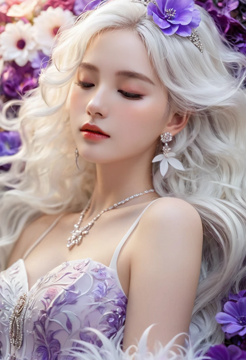 Masterpiece,Dazzling multicolored light,ultra detailed,A girl.,In the flowers,**** a sleeping princess,Earrings,White feather tulle,Long white eyelashes,Extra-long hair is slightly curly,White hair,(Hair takes up the entire frame),a charming face,Glowing lips,clavicle,Shoulder exposure,Floating petals,Dreamy and beautiful,The characters are thick and painted.,Fine strokes,Wallpaper,The background is graded with white and purple,anime aesthetic,Poolcoreanime beauty,Hyperrealism,sparkle,textured skin,super detail,best quality,8k, ,