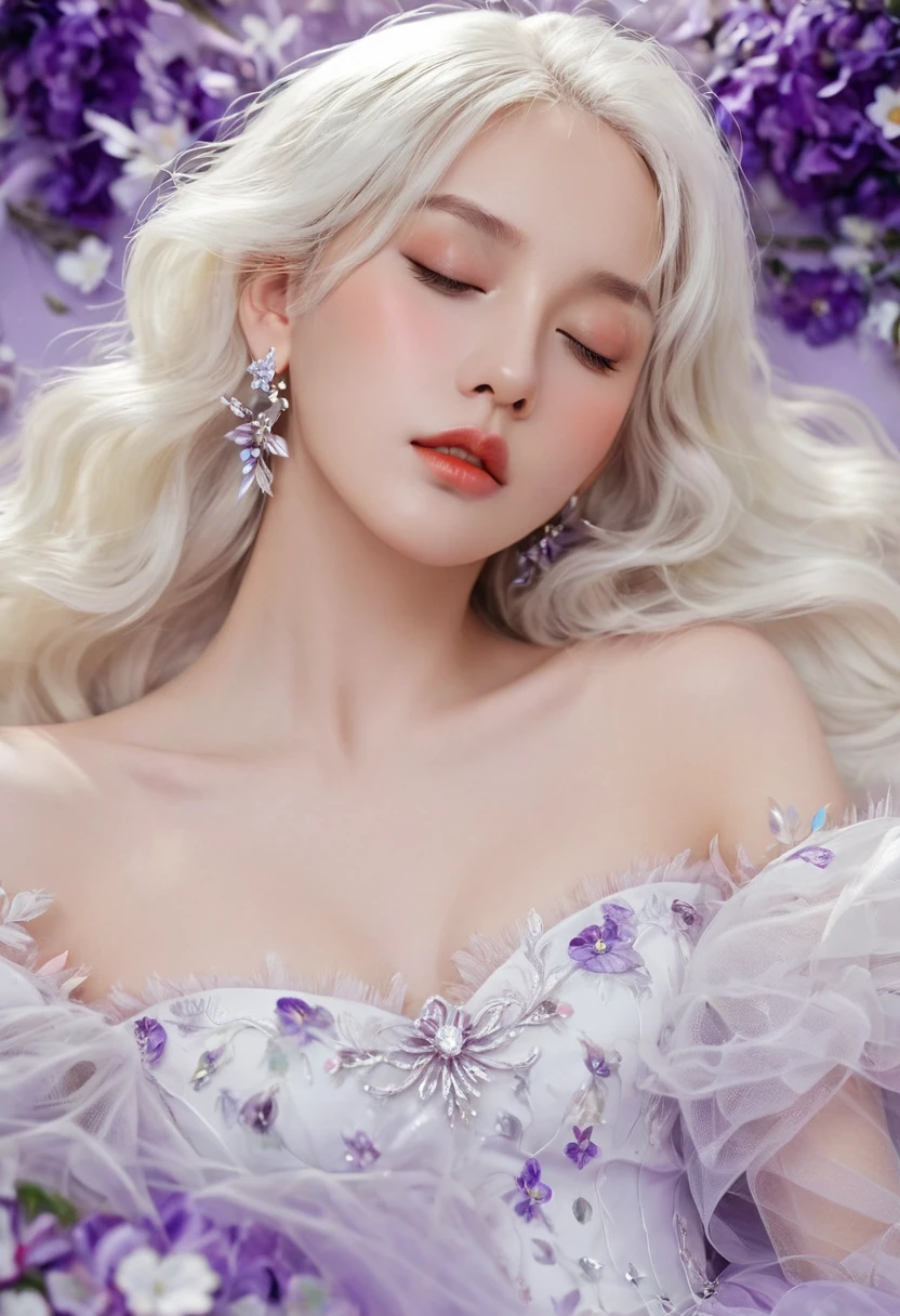 Masterpiece，Dazzling multicolored light，ultra detailed，A girl.，In the flowers，**** a sleeping princess，Earrings，White feather tulle，Long white eyelashes，Extra-long hair is slightly curly，White hair，(Hair takes up the entire frame)，a charming face，Glowing lips，clavicle，Shoulder exposure，Floating petals，Dreamy and beautiful，The characters are thick and painted.，Fine strokes，Wallpaper，The background is graded with white and purple，anime aesthetic，Poolcoreanime beauty，Hyperrealism，sparkle，textured skin，super detail，best quality，8k， ,
