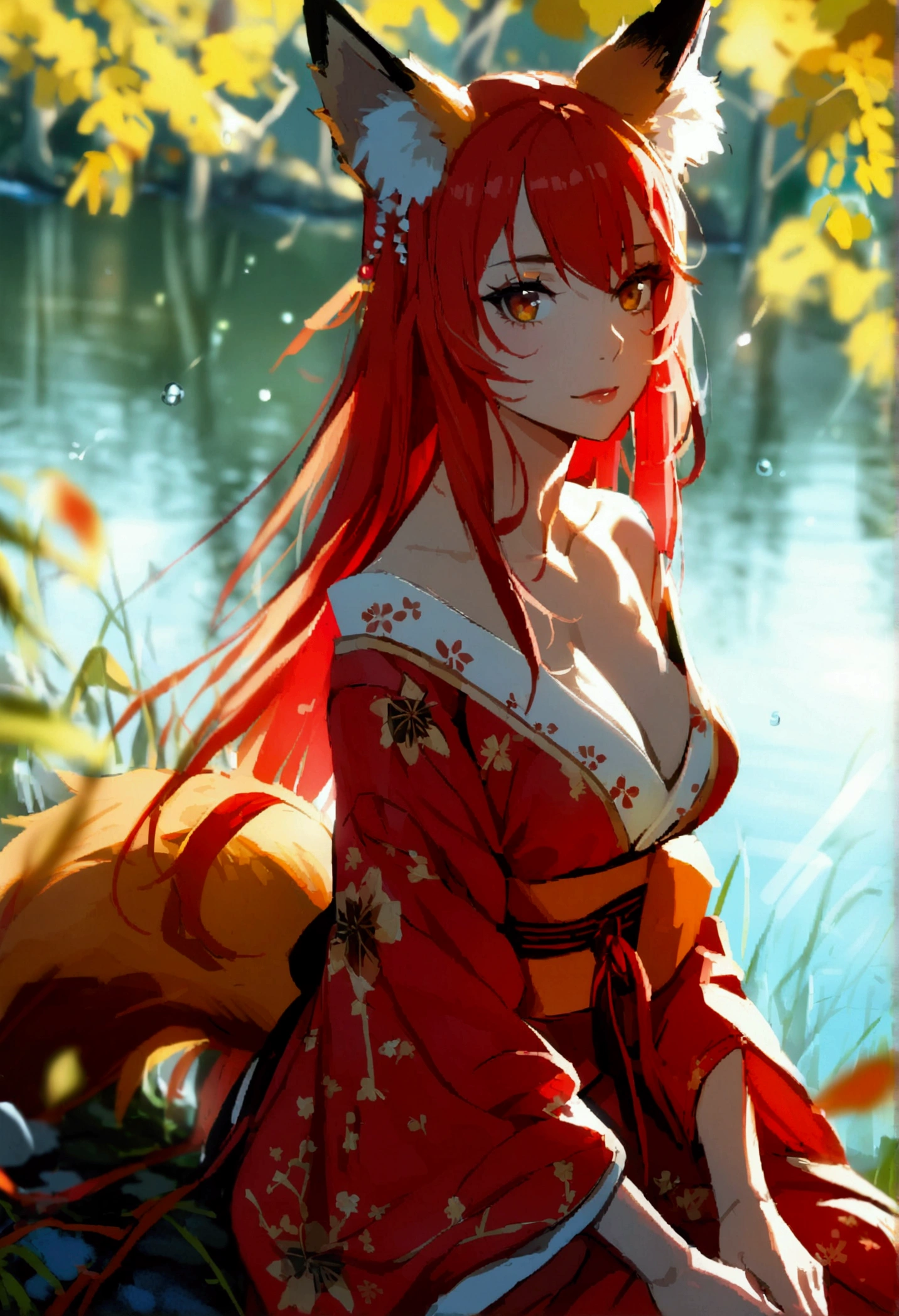 1girl with long red hair, amber eyes, fox ears, slender body, ,fox tail, red kimono,hands on stomach, outdoors, near lake