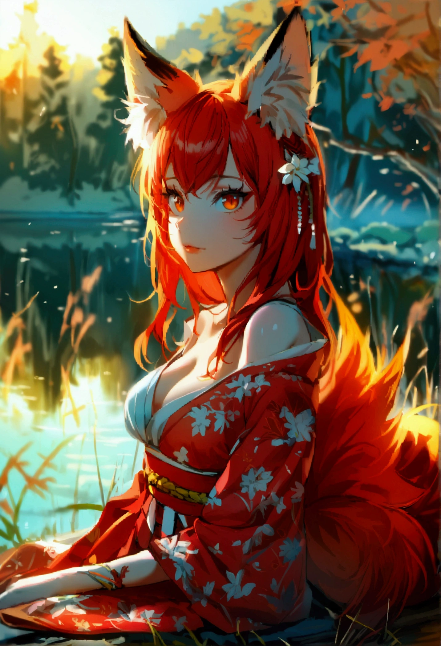1girl with long red hair, amber eyes, fox ears, slender body, ,fox tail, red kimono,hands on stomach, outdoors, near lake