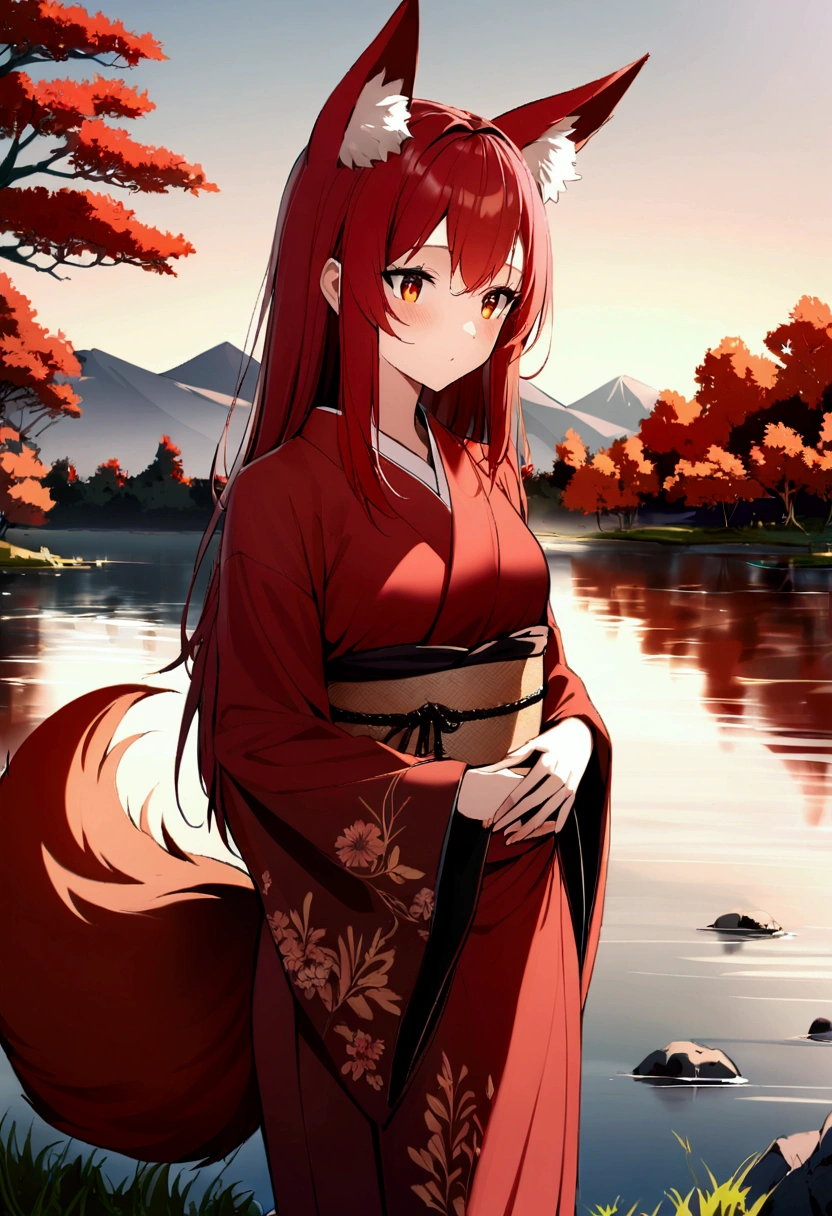 1girl with long red hair, amber eyes, fox ears, slender body, ,fox tail, red kimono,hands on stomach, outdoors, near lake
